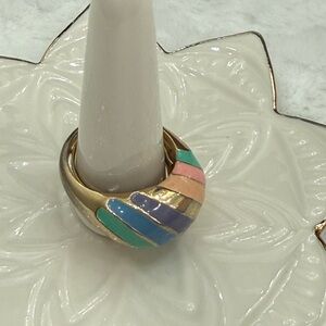 Vintage Chunky Pastel Enamel Stripe Ring Gold Tone Statement Retro 80s
